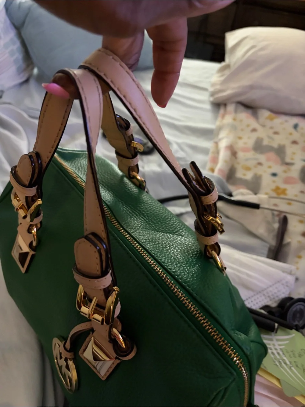Michael Kors Green Leather Satchel with Beige Trim - Picture 6 of 15